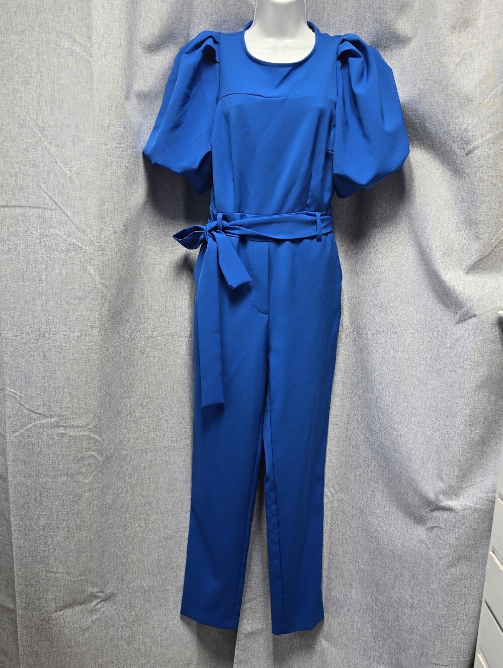 New York & Company Women's Blue Puff Sleeve Belted Jumpsuit Minimalist Size XS
